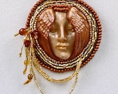 Bead Embroidered Golden Angel or Goddess Necklace Handcrafted with a Polymer Clay Woman's Face 