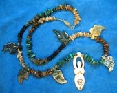 Bone Earth Goddess Necklace with Green and Brown Stone Leaves and Labradorite, Onyx, Tigerseye Picture Jasper, and Malachite Stone Chips Beads OOAK