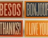 Besos, Thank You, I Love You, Bonjour - Set of Four oversized Hand Printed Letterpress Cards
