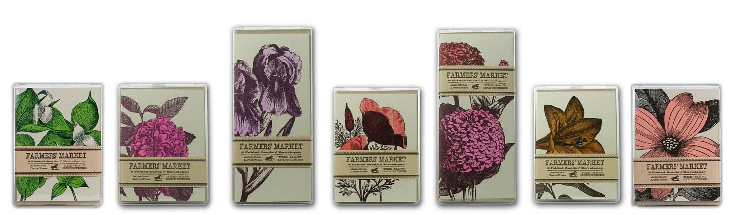 FARMERS MARKET FLOWER Cards 56 Cards Letterpress Printed Poppy Iris Lily Hydrangea Zinnias