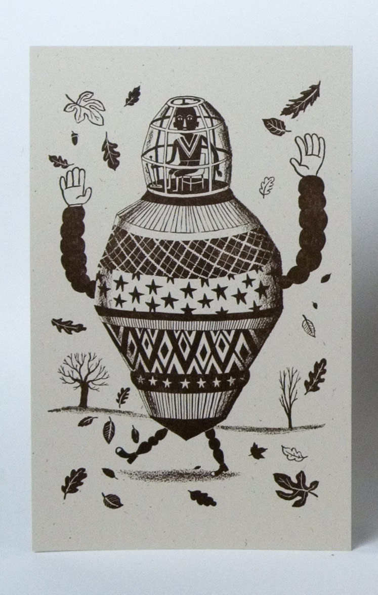 ROBOT KICKING LEAVES Illustration Hand Printed Letterpress Choose Color