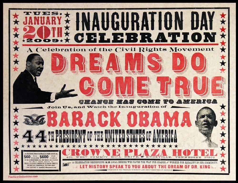Martin Luther King and Barack Obama Inauguration Day Hand Printed Letterpress Poster on kraft