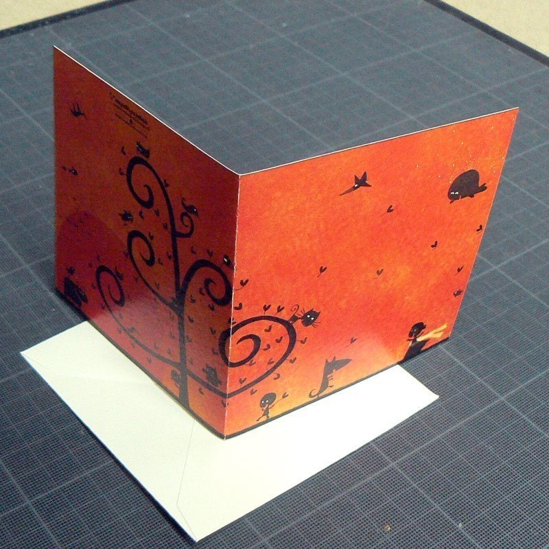 The meeting - sweet and orange little art card, with wolf and birds