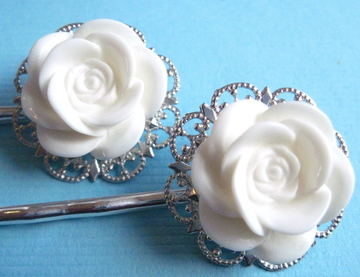 Bridesmaid Accessories, Vintage Style, White Rose, Hair Pin set, Bobby Pin, Hair Clips