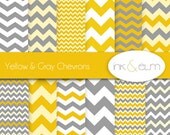 chevrons digital paper,  chevron scrapbook paper, yellow gray chevrons, zig zag paper, zig zag chevron backgrounds, mustard yellow gray