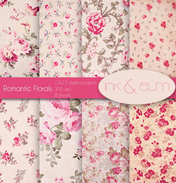 Roses Digital Paper Shabby Chic Style,  Vintage Floral and Rose Paper, Floral and Roses Digital Scrapbook Paper, Printable Rose Papers