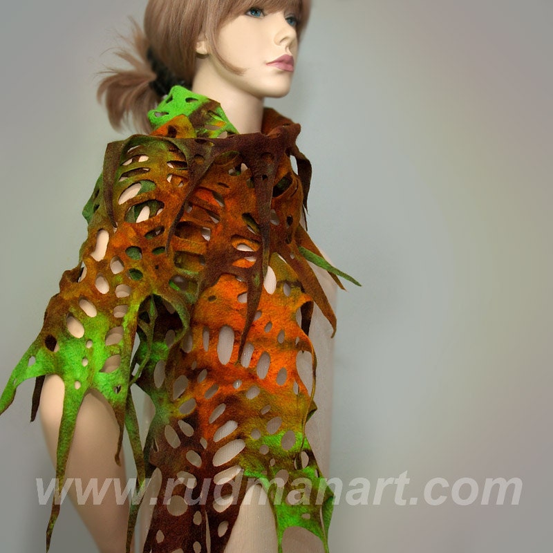 Felted Scarf Wool Silk Art hand dyed shredded scarf Multicolor Forest Lime Brown Rusty
