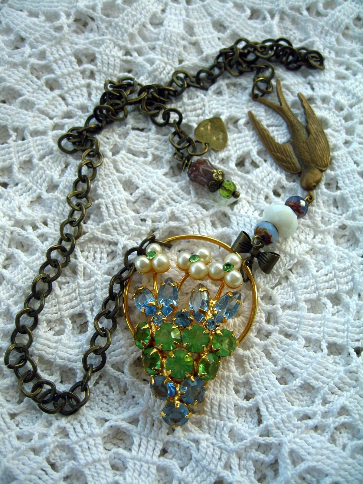 Pearly Posies, Vintage Rhinestone Basket Necklace