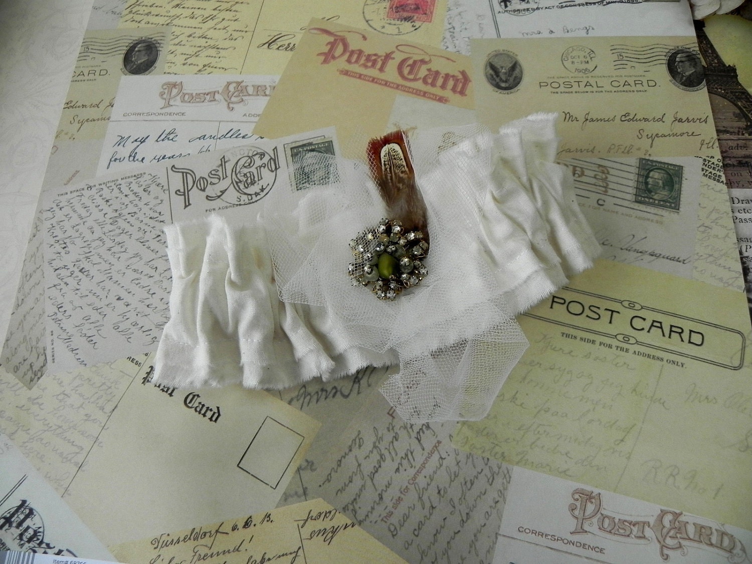 Wedding Garter, Tattered Woodland Fairy, Feathered Vintage Rhinestones