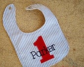 First Birthday Party Bib for boy or girl - Nautical, sailor, or boat custom bib in blue and white stripes and free monogram
