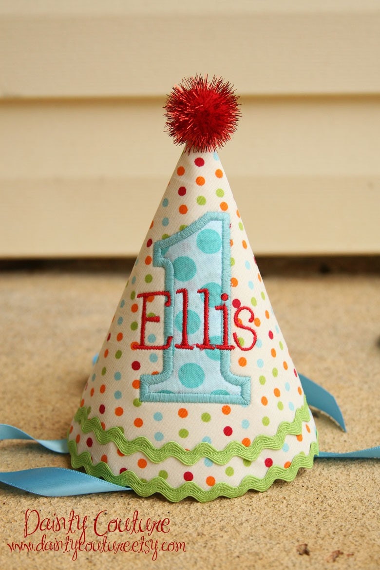 Boys 1st Birthday Party Hat - Cream dots in red, aqua, orange, and green - Unique gift