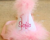 First Birthday Party Hat - Dainty white with pink stripes - Free personalization