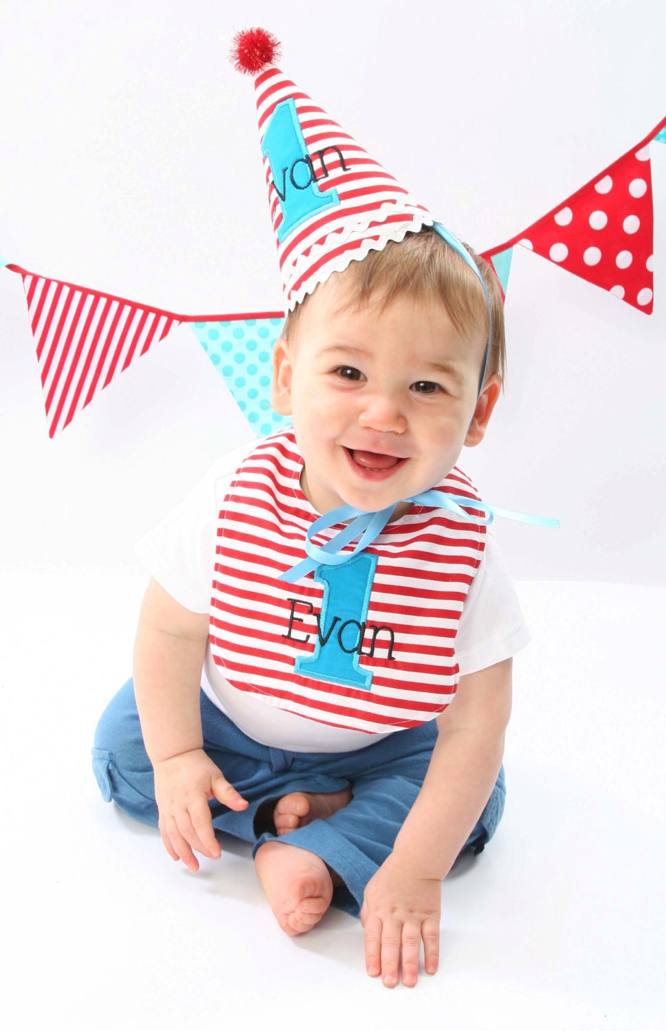 Boys first bithday HAT and BIB - Dr. Seuss in red and white stripes adorned with aqua - Free personalization
