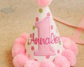 First Birthday Hat - Pink and green polka dots and pom poms - Unique gift