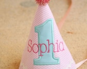 First Birthday Hat - Winter Wonderland - Pink and white stripes with aqua and hot pink accents - Free personalization
