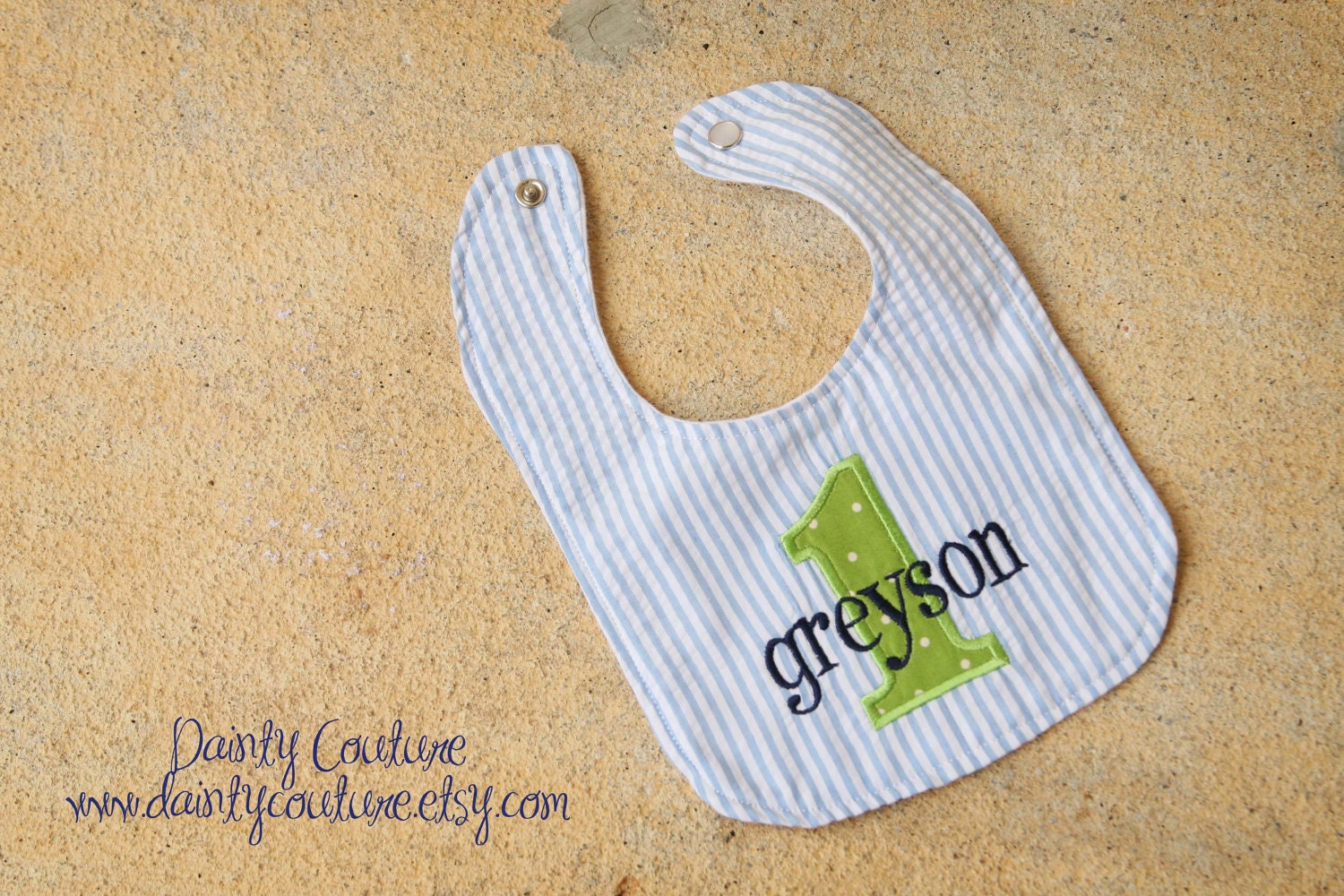 Boys First Birthday Bib  - Personalized bib in blue and white stripes with green and navy blue accents