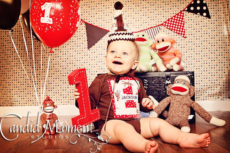 Boys 1st Birthday Party Hat - Fun Classic Sock Monkey Theme - Red, blue, brown - Perfect compliment to Eric Michael Moda Fabrics