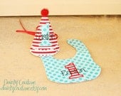 Boys 1st Birthday Party Hat and Bib - Fun red and white stripes with aqua dots - Circus Theme