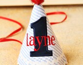Boy First Birthday Party Hat - Dapper blue and white seersucker stripes with navy and red accents - Free personalization
