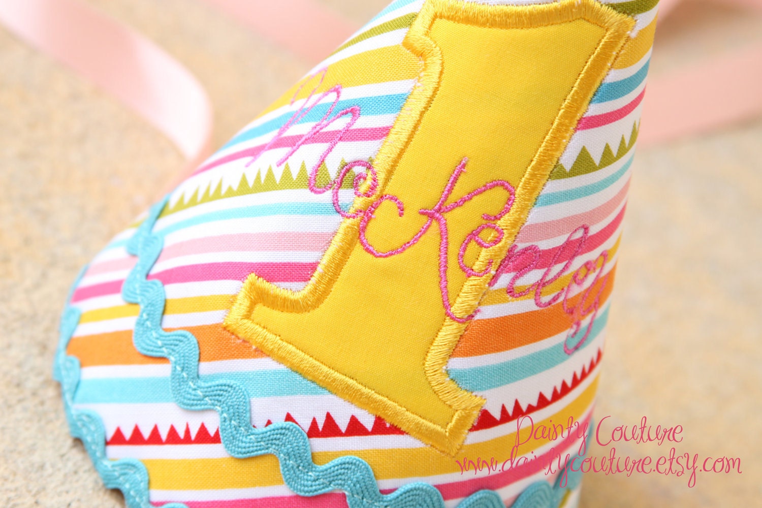 Girl Birthday Hat - Sunny stripes in yellow, aqua, pink, and green - Free personalization