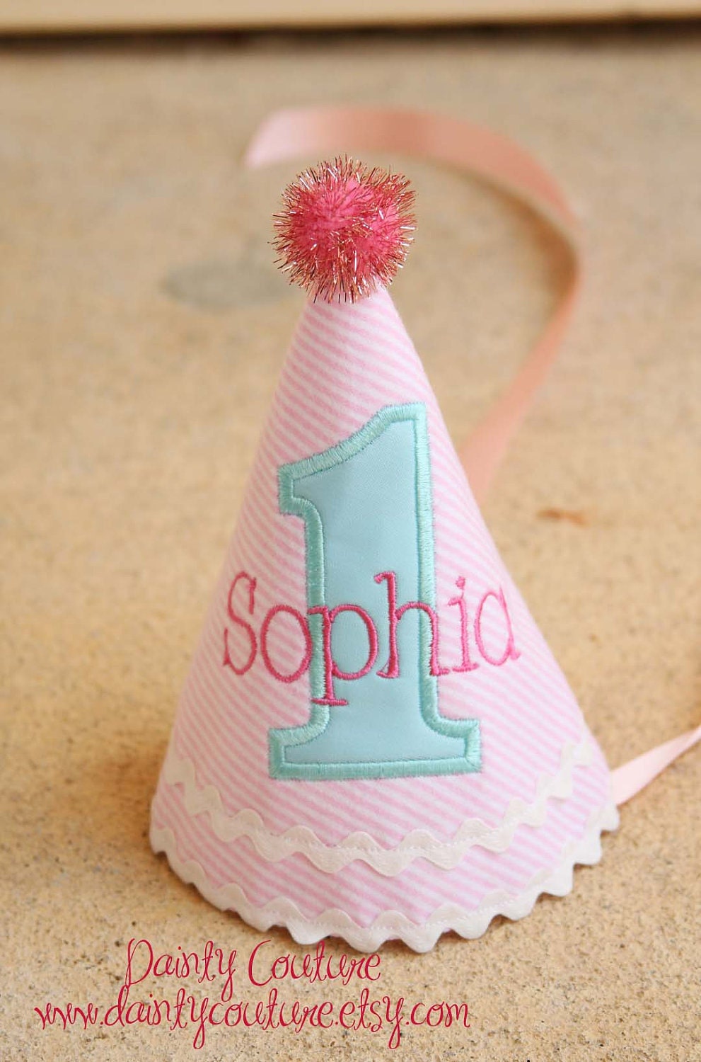 First Birthday Hat - Winter Wonderland - Pink and white stripes with aqua and hot pink accents - Free personalization