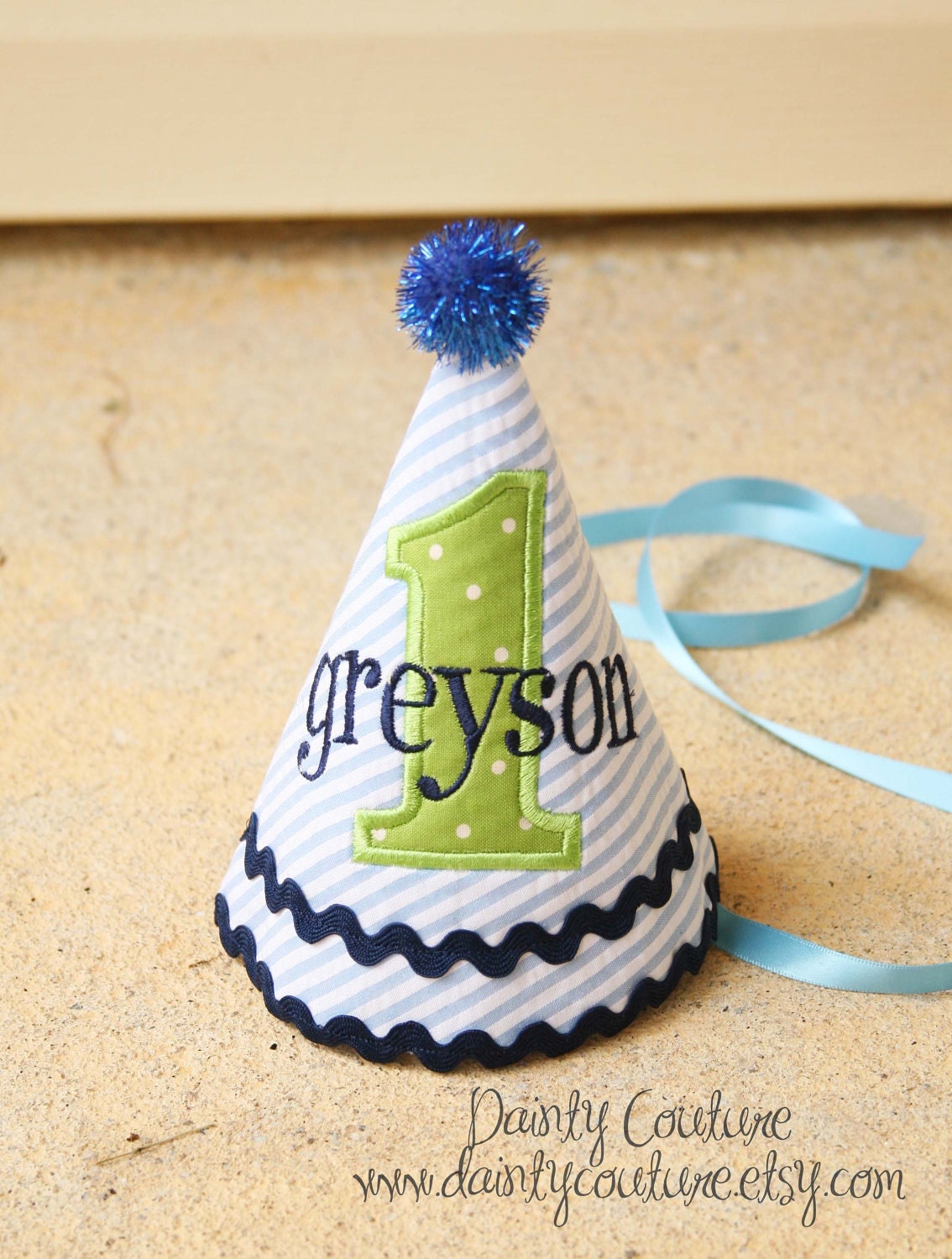 Boys First Birthday Party Hat - Dapper blue and white stripes with green and navy blue accents - Free personalization