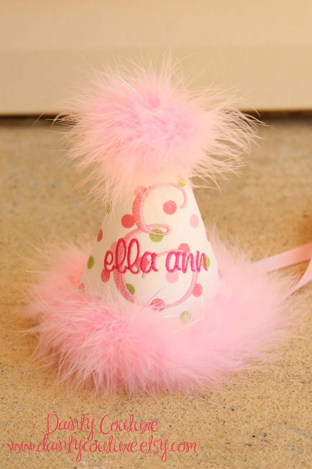 First Birthday Party Hat - Sweet pink and green dots with monogram - Free personalization