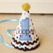 First Birthday Hat - Brown, blue, red, and yellow - Polka dots and gingham - Free personalization