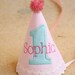 First Birthday Hat - Winter Wonderland - Pink and white stripes with aqua and hot pink accents - Free personalization