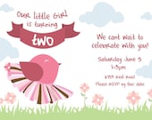 Customizable printable pink tutu bird birthday invitation PDF