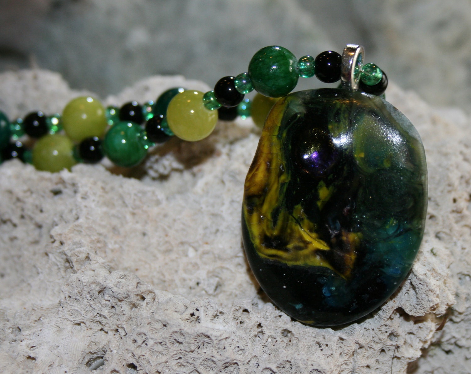 OCEAN DEEP Dichroic Fused Glass Pendant With Beaded Necklace --Art Glass By YM