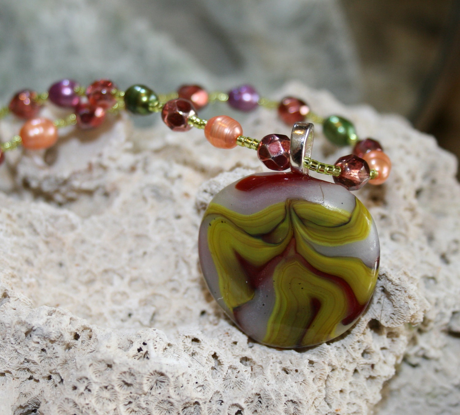TROPICAL FLOWER Fused Glass Pendant With Beaded Necklace --Art Glass By YM