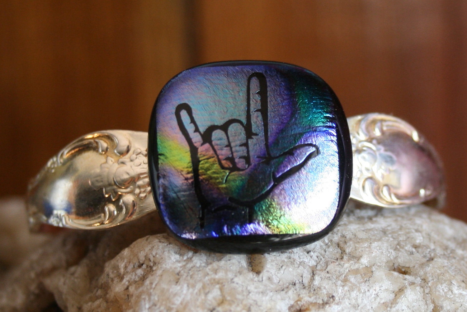 I LOVE YOU---Sign Language--- Dichroic Silver Spoon Cuff Bracelet -- Art Glass By YM