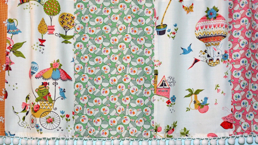 Strip Valance in Vintage 60s Fabric w/ Little Girl Boy Hot Air Balloon Flowers Birds .. White Pom Pom Fringe .. Ready To Ship