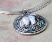 CELEBRATE YOURSELF SALE - Dazzling inlaid baroque pearl, coral & turquoise pendant necklace