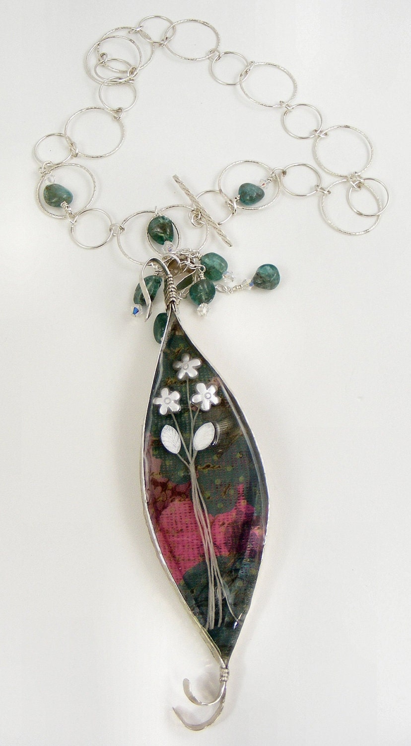 Sterling Silver Necklace White Flowers Tourmaline Green Floral