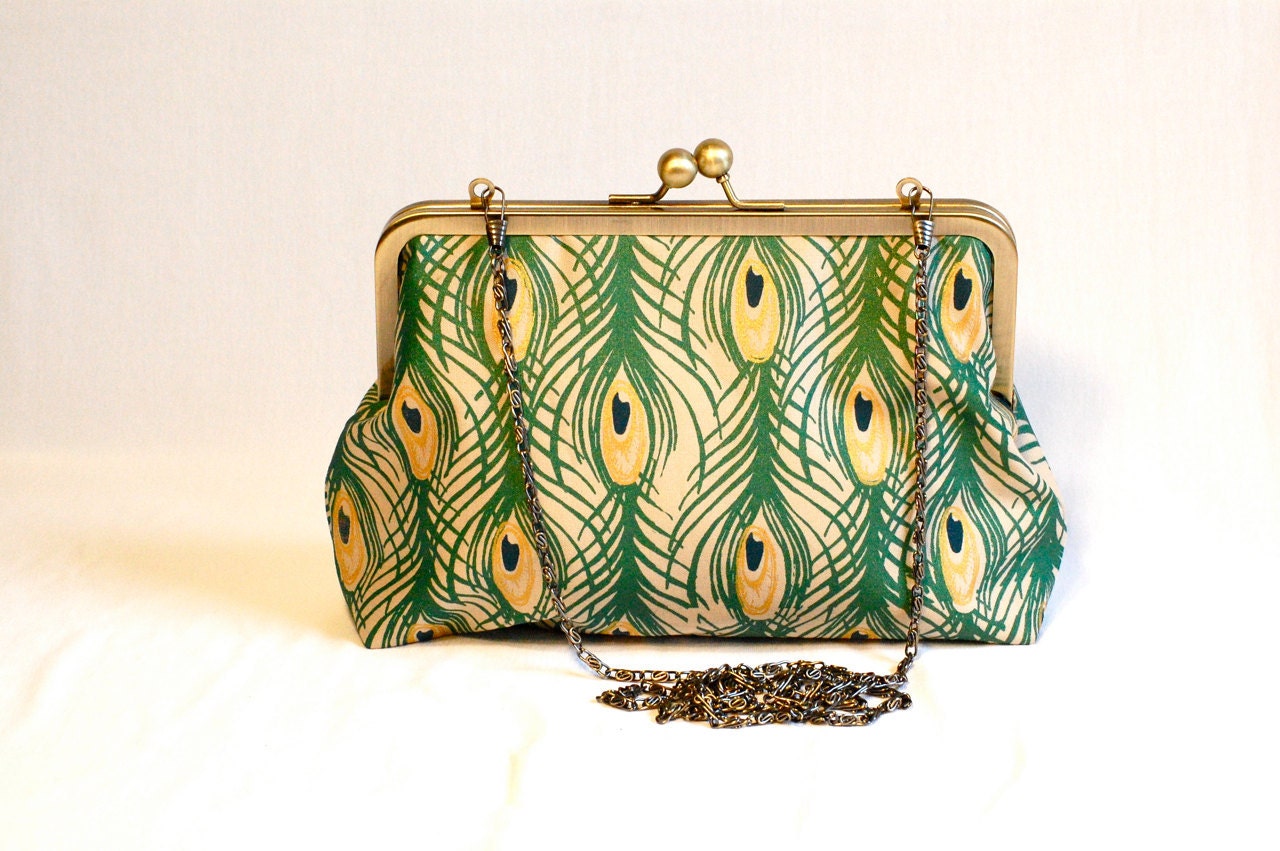 Handprinted Peacock Feather Purse - Cream