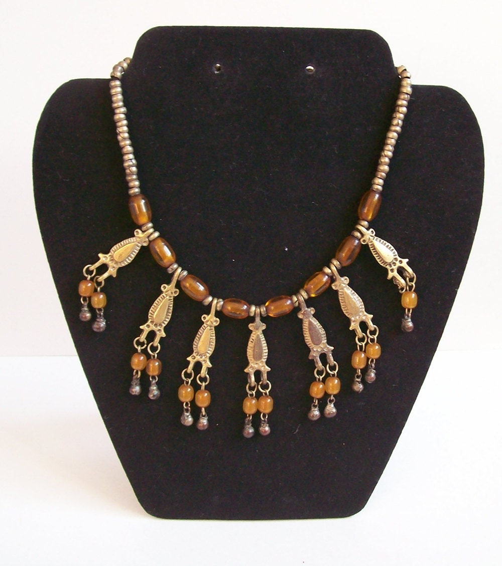 Vintage African Brass and Amber Glass Beads Bib Choker, Africa Necklace, Africa Jewelry, 1970s 70s, Ethnic Necklace, Tribal Necklace
