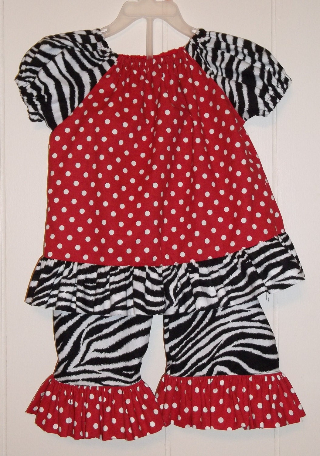 Toddler Peasant top and Capri Pants/Peasant Top combo/Red with white polka dots peasant top with zebra ruffle/Zebra Capri pants with ruffle