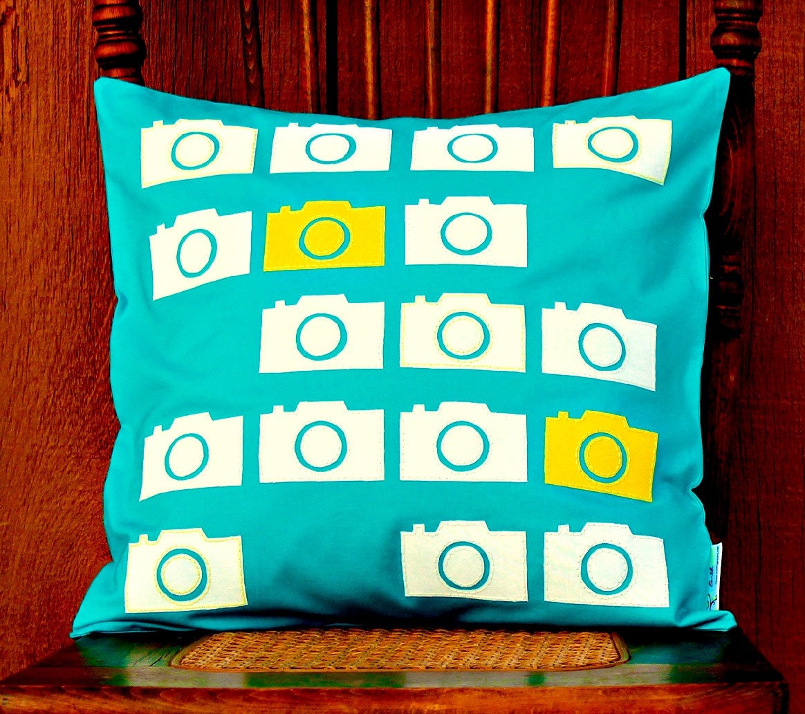 Camera Cascade Applique Pillow Cover-- 16 x 16--White and Yellow on Cyan Blue