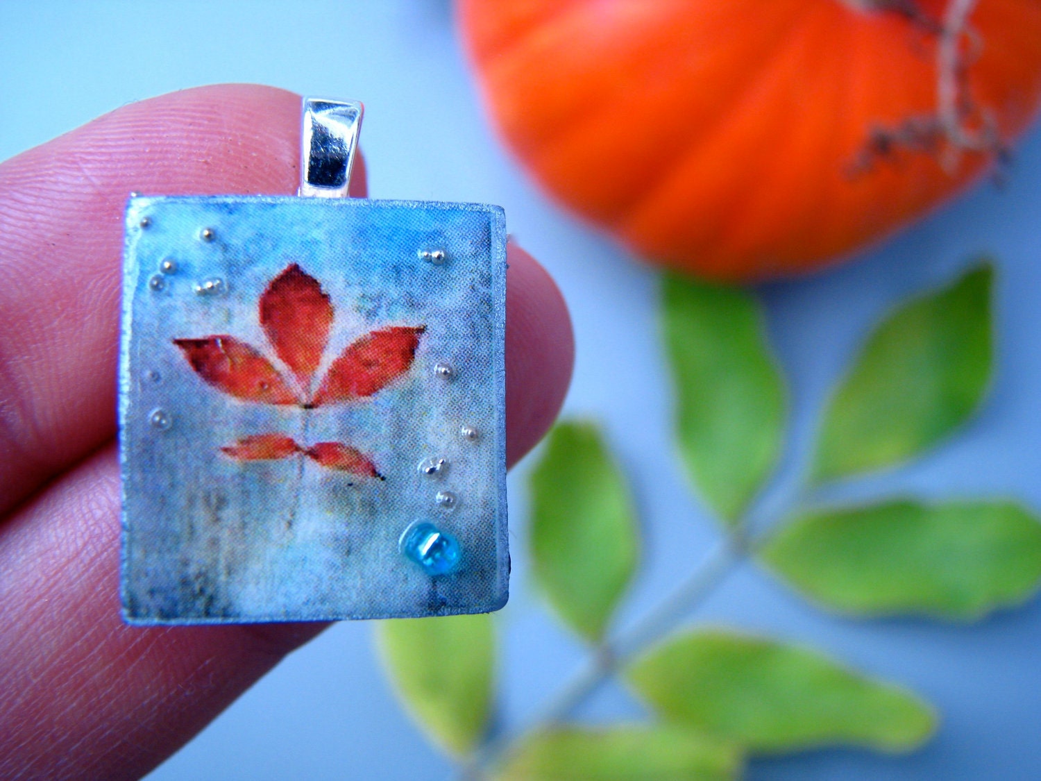 Scrabble tile pendant, ORANGE LEAF, Scrabble piece charm/Scrabble tile jewelry necklace in hand painted gift box