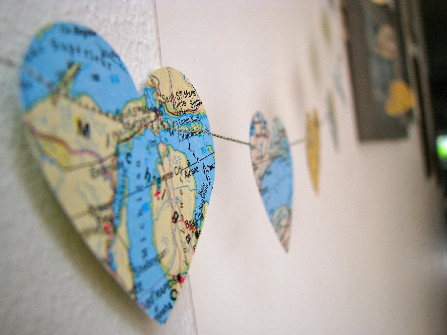 SALE - Vintage Maps Paper Garland with Hearts, 9 FEET LONG