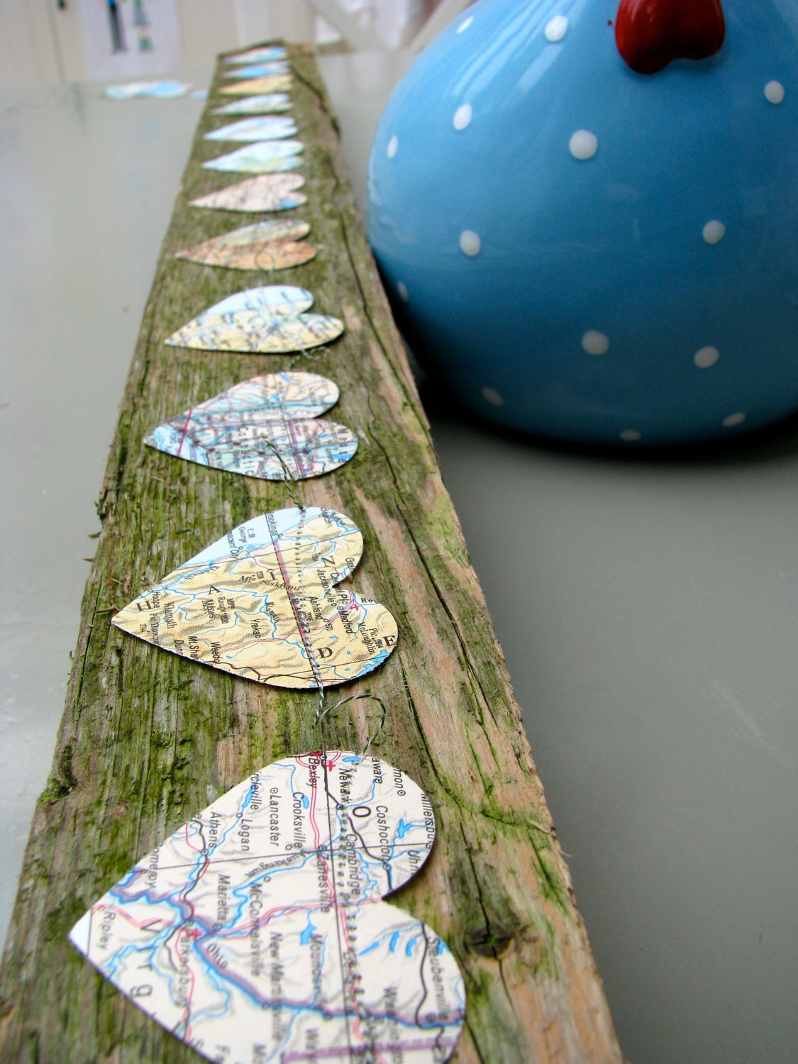 SALE - Vintage Maps Paper Garland with Hearts, 9 FEET LONG