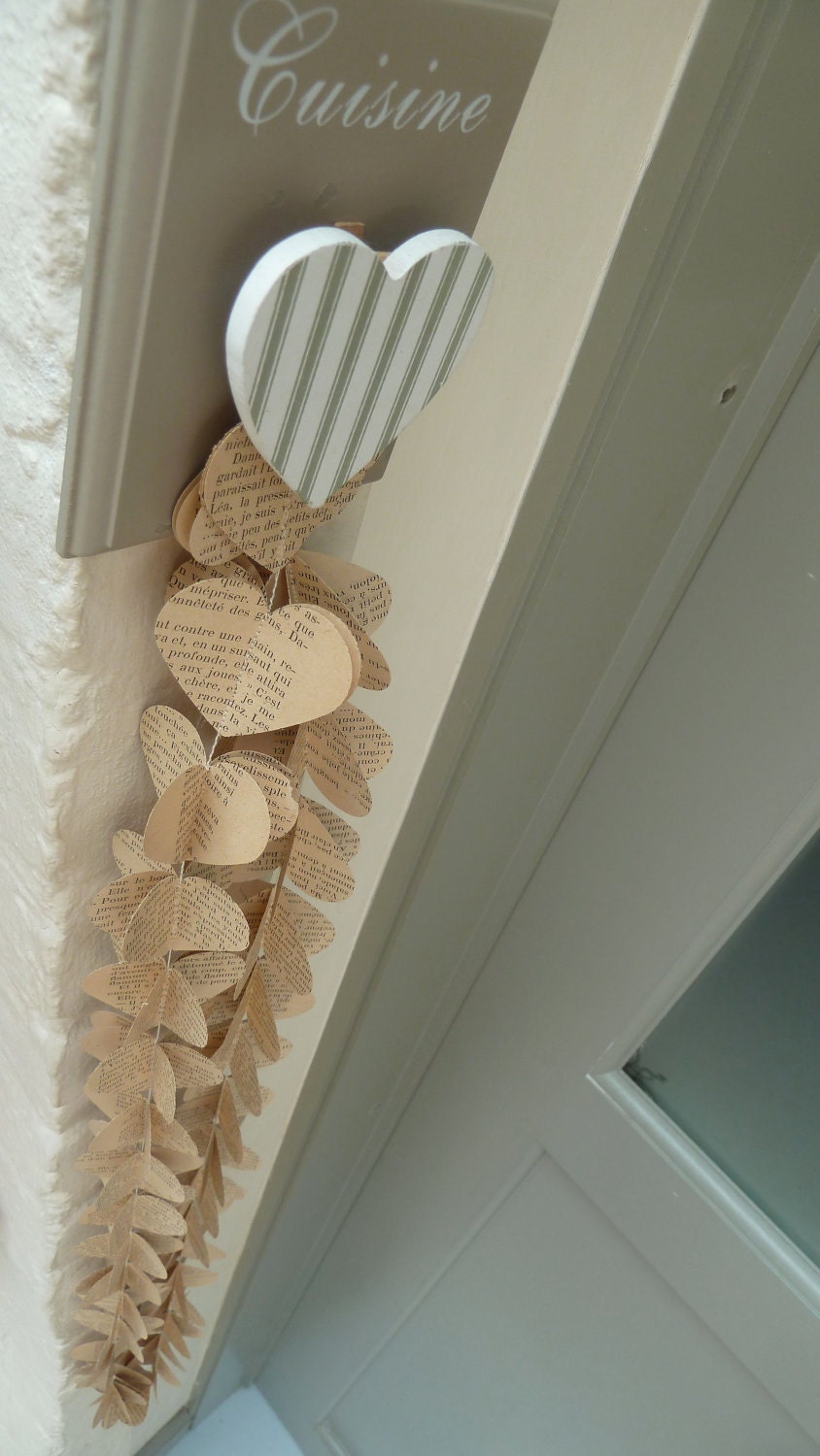 SALE Paper Garland, FRENCH HEARTS, Heart Garland, Wedding garland, Birthday Party Garland, with Merino wool felt ball