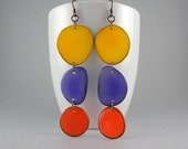 Yellow, Purple, and Orange Shoulder Duster Trio of Tagua Nut Eco Friendly Earrings with Free Shipping