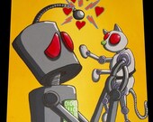 WEEKEND SALE - Original Pop Art Painting by Mike Best - I love my robot cat she is cute - 16X20