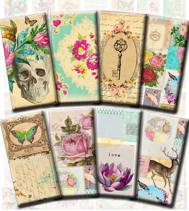 INSTANT DIGITAL DOWNLOAD - 1x2 Inch Domino Pendants - French Ephemera - Victorian Skulls Birds Keys Roses Butterflies - Pink Turquoise
