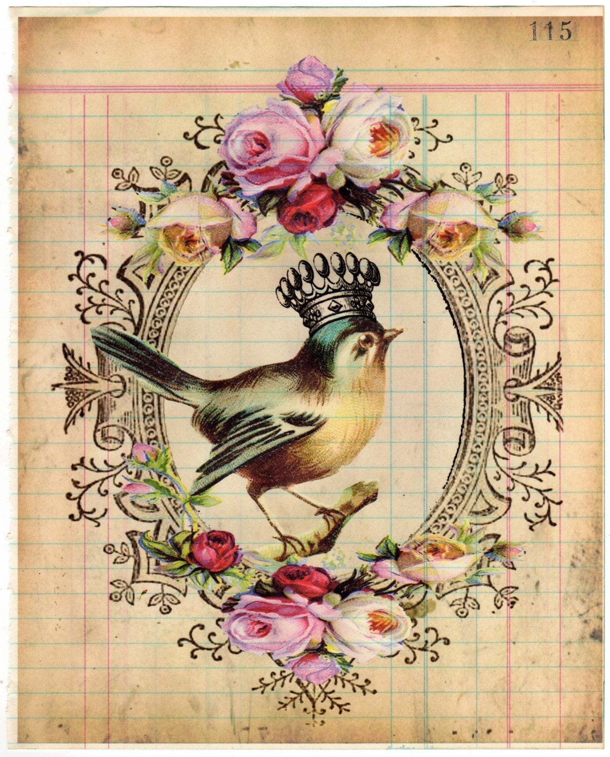 Bird Queen of Alcatraz - Antique Ledger Paper Collage