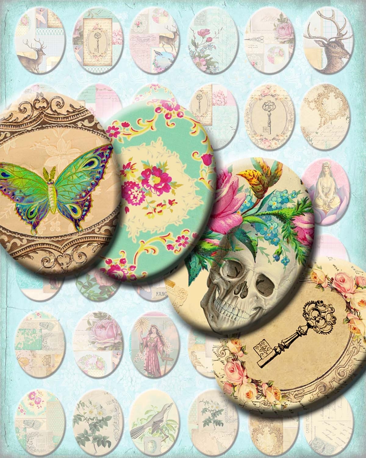 INSTANT DOWNLOAD Antique Wallpaper Vintage French Ephemera - Digital Collage Sheet - Victorian Skulls Birds Butterflies - 30 x 40 mm Ovals