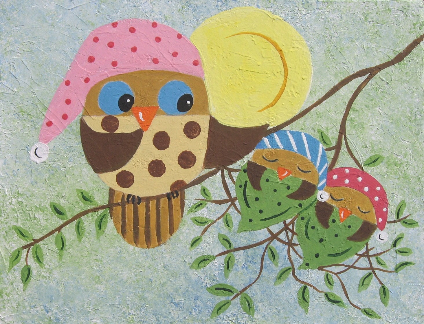 Owl Family Original Painting - Wall Hanging 11 X 14